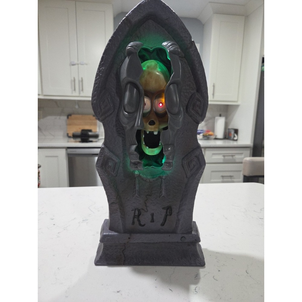 Vintage Gemmy Halloween Animated Tombstone Split Face Skull Lights Sounds Works‎